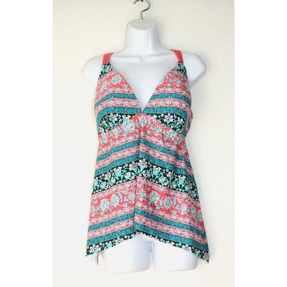 AQUA COUTURE Tankini Swimsuit Top Sz. XL Strappy Back Knot / Ties Multicolor #04